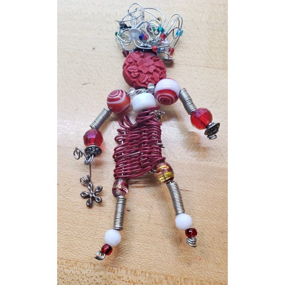 Vintage Figural Stick Pin Artisan Beads Wild Hair Moonbabies Person Girl Boy Red
